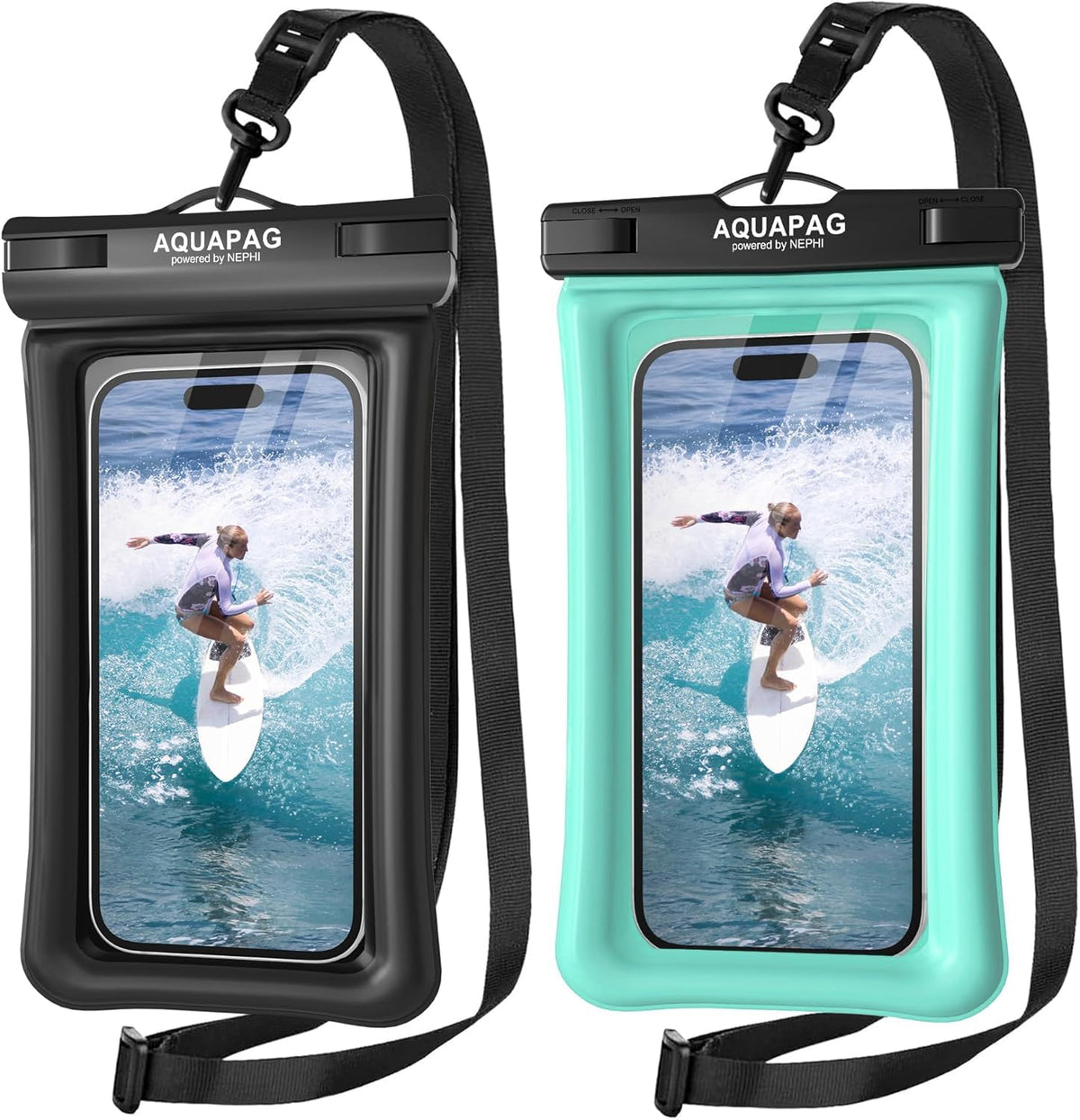 NEPHI IP68 Waterproof Phone Pouch 2 Pack-Up to 7.0",Adjustable Neck Lanyard Floating Waterproof Phone Case for iPhonePhone Dry Bags for Vacation Beach Pool Travel Essentials (Black Green 2 Pack)