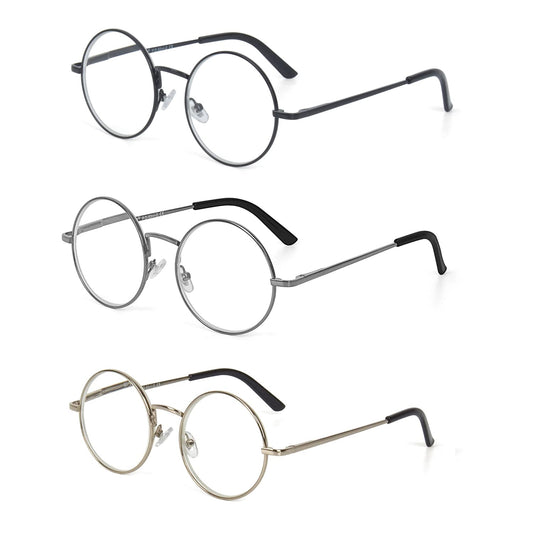 EYE ZOOM 3 Pack Metal Frame Round Reading Glasses with Spring Hinge (Black Silver and Gunmetal +2.00 Strength)