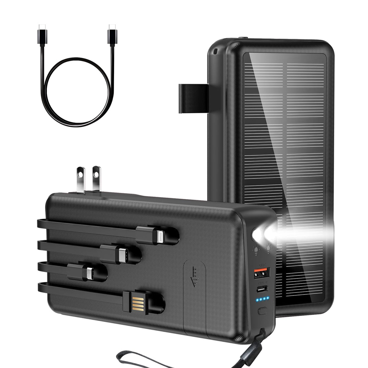boogostore Portable Charger with Built in Cable and Wall Plug 50000mAh PD30W Fast Charging Solar Power Bank with 5 Output & 2 Input Dual LED Flashlights Phone Holder External Battery Pack (Black)