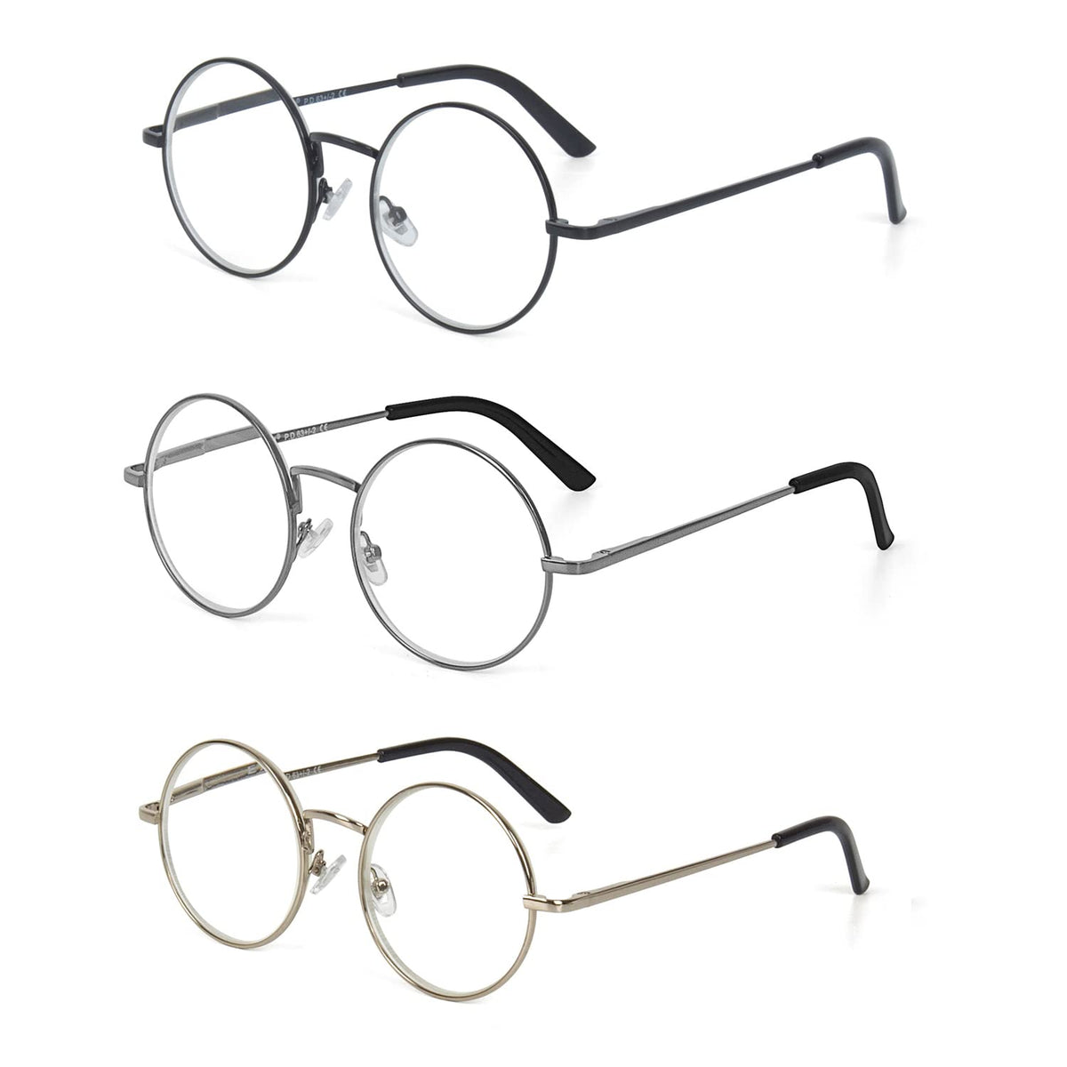 EYE ZOOM 3 Pack Metal Frame Round Reading Glasses with Spring Hinge (Black Silver and Gunmetal +2.00 Strength)