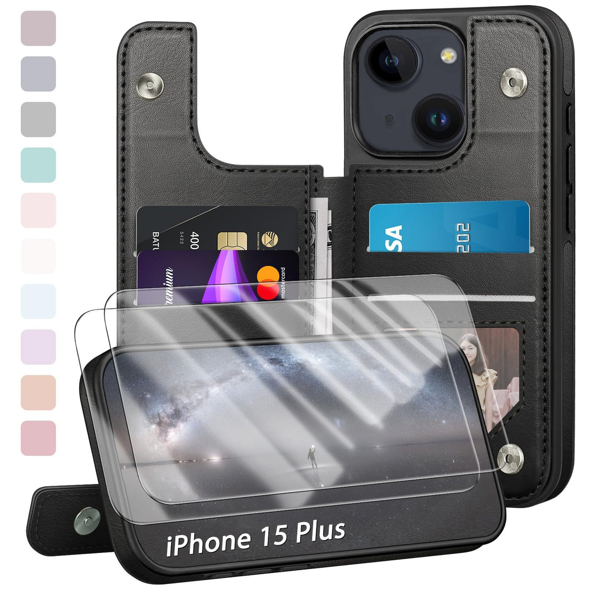 Designed for iPhone 15 Plus Case Wallet Card Holder Case with [2 Screen Protectors][Magnetic Clasp Folio Cover][RFID Blocking Leather] Shockproof Women Men Cases 6.7" for Apple 15 Plus Black