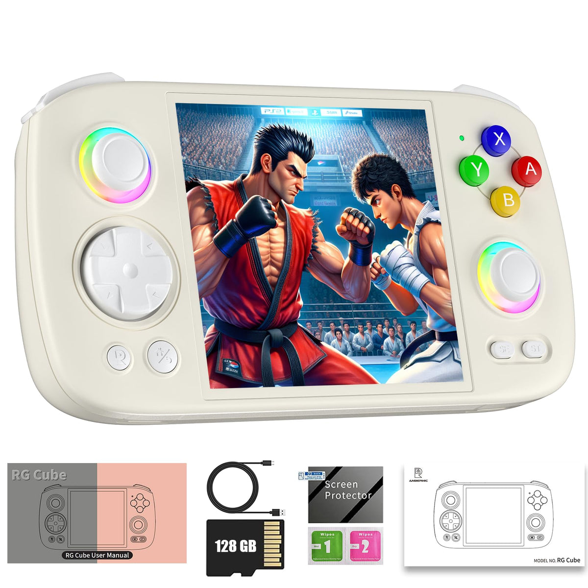 RG Cube Retro Game Console RGCube Handheld Game Console 8+128G Multi-Touch Screen Android 13 System Rg Cube Video Game Console 5200mAh BatteryHigh-Speed Fan16 Million Color Rgb Lighting(Beige White)