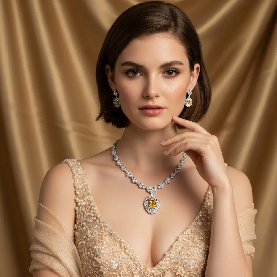 Luxury Yellow Gemstone Floral Necklace Set for Women – Marquise Crystal Jewelry with Matching Earrings