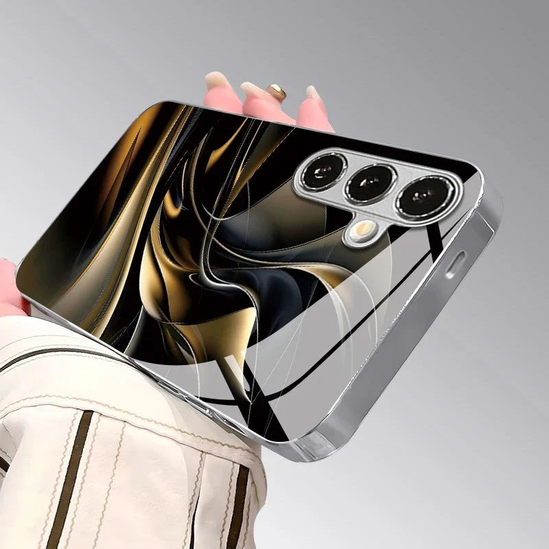 Black Gold Curved Pattern Electroplated Glass Phone Case For Samsung