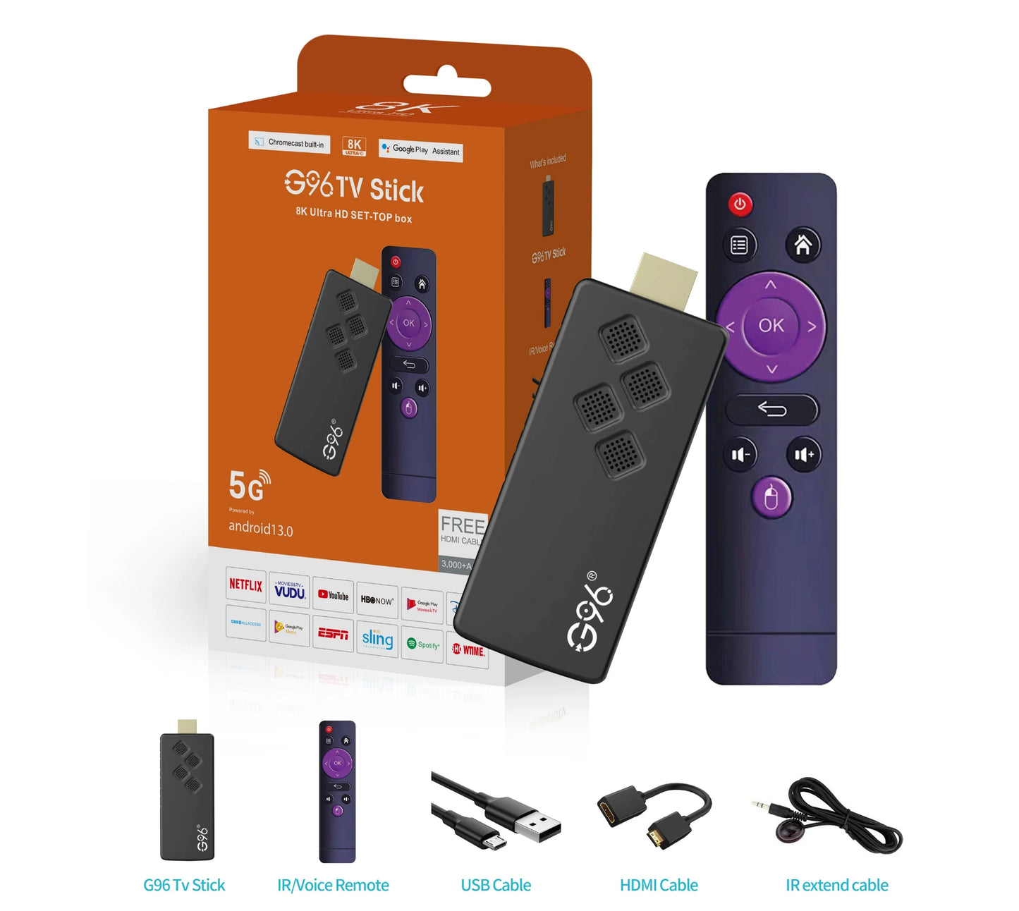 2024 Hot G96 ATV 8k android13.0 TV Stick infrared remote control 2GB8GB 2.4G&5G Dual Wifi BT5 Netflix Youtube Media Player