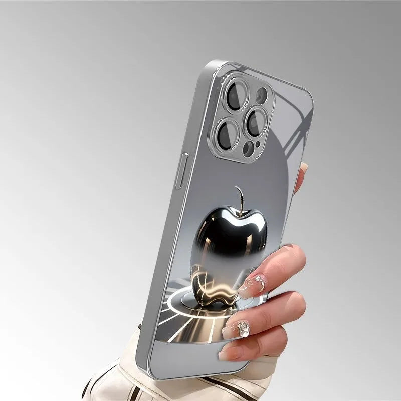 Electroplated glass phone case with metallic silver Apple logo For iPhone
