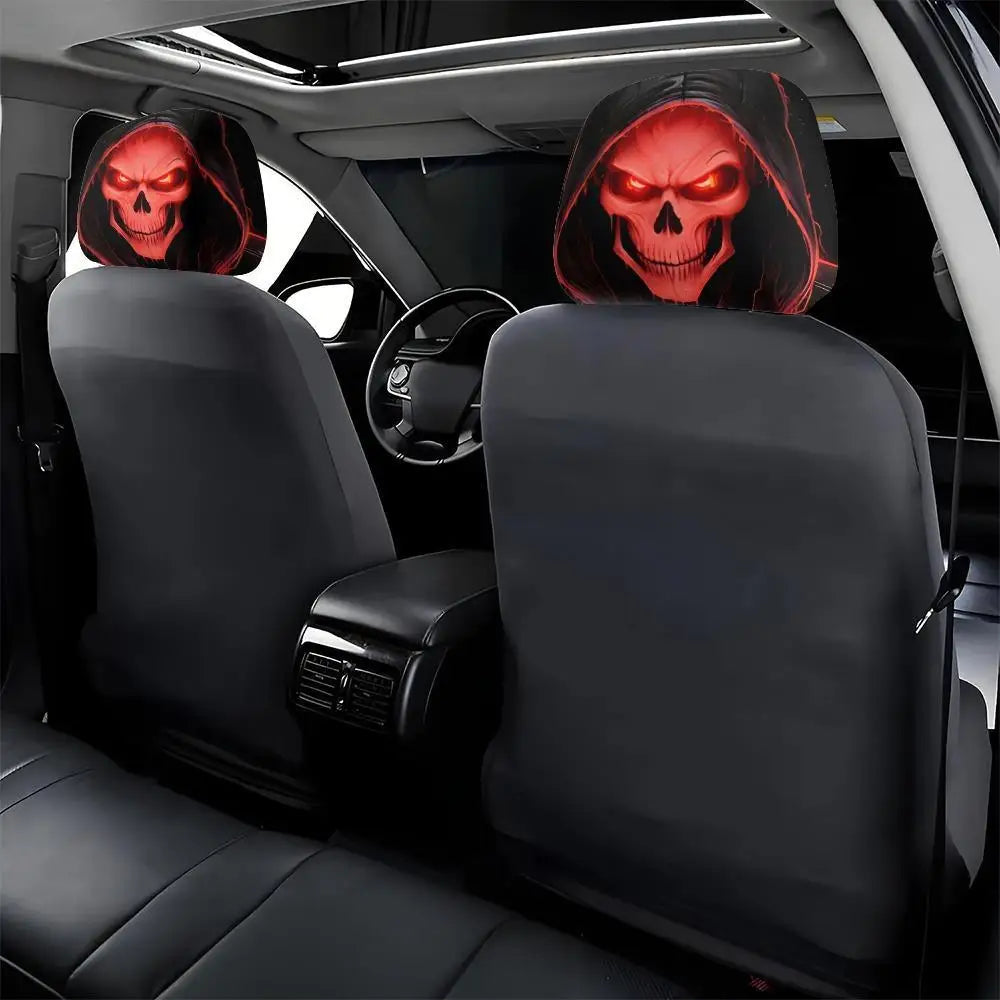 2Pcs Grim Reaper Skull Headrest Covers—Halloween Auto Decor