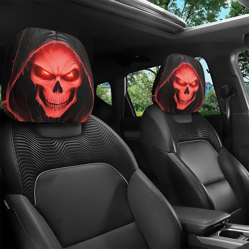 2Pcs Grim Reaper Skull Headrest Covers—Halloween Auto Decor