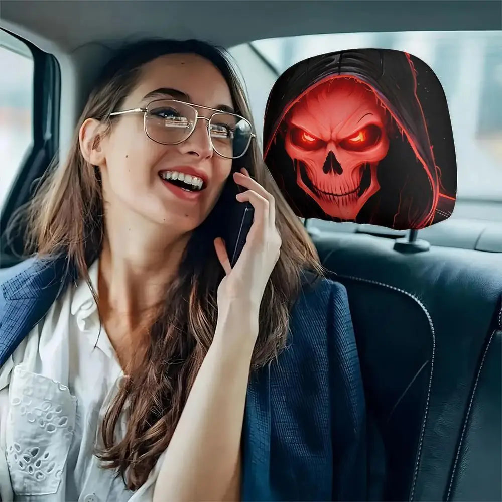 2Pcs Grim Reaper Skull Headrest Covers—Halloween Auto Decor