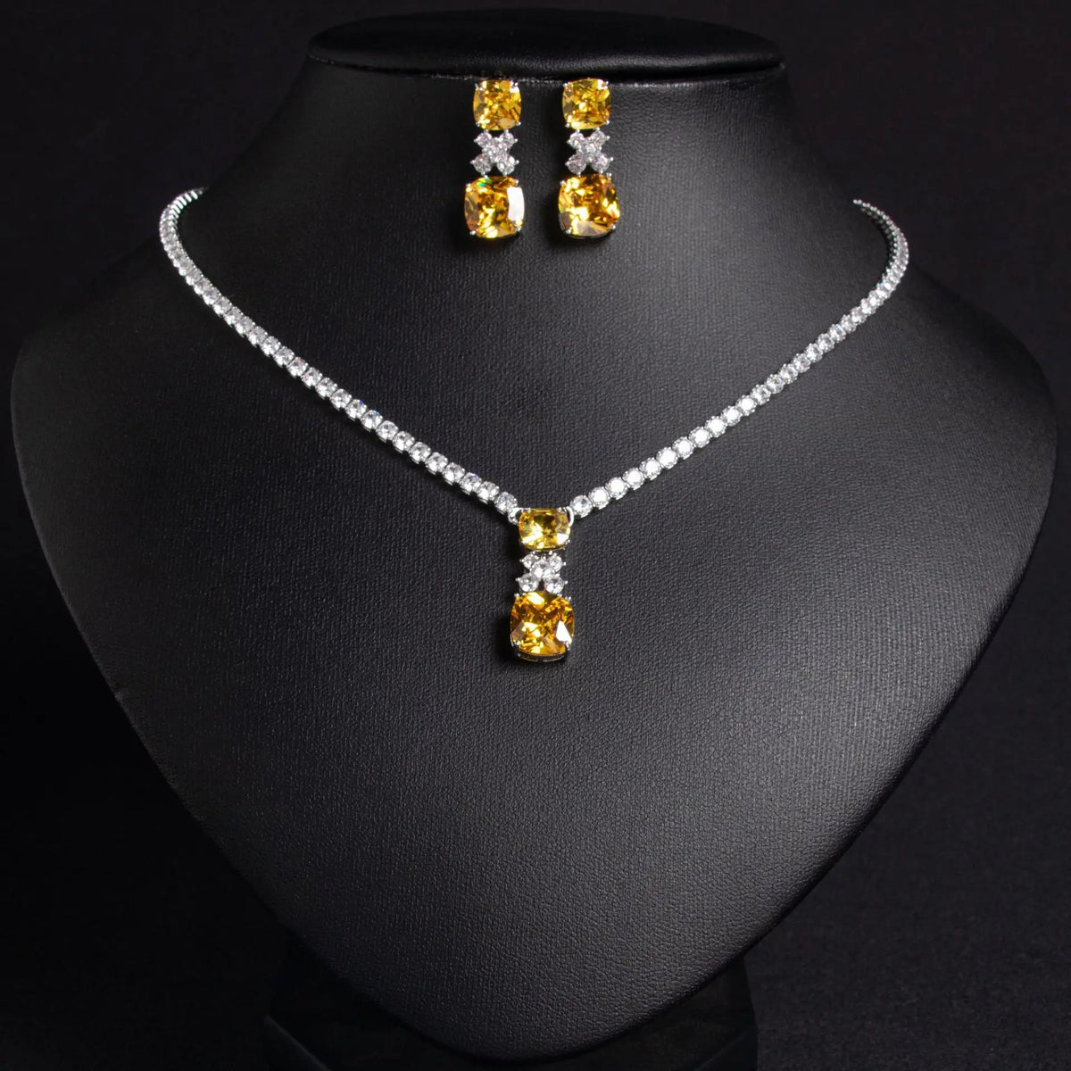 Luxury Yellow Gemstone Floral Necklace Set for Women – Marquise Crystal Jewelry with Matching Earrings