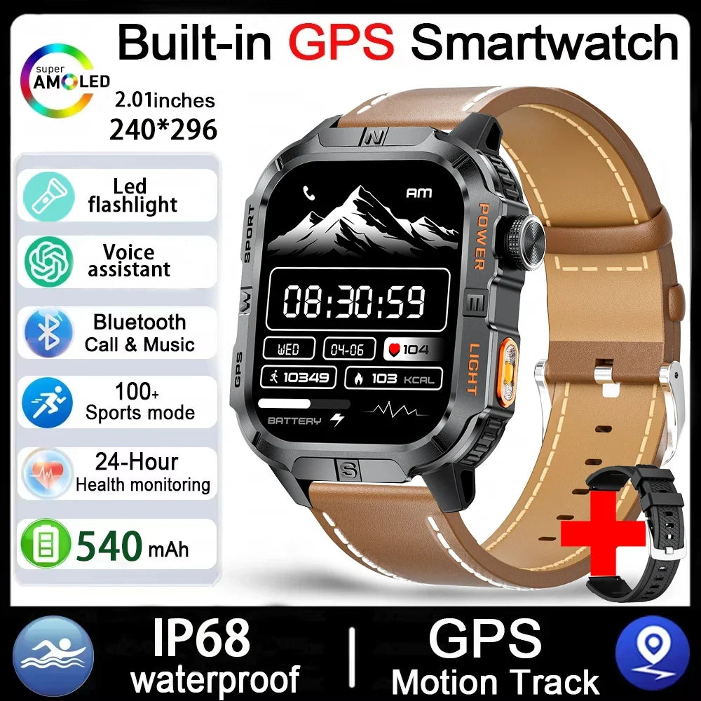 GPS Smartwatch for Men with Bluetooth Calling, LED Flashlight, Compass & IP68 Waterproof
