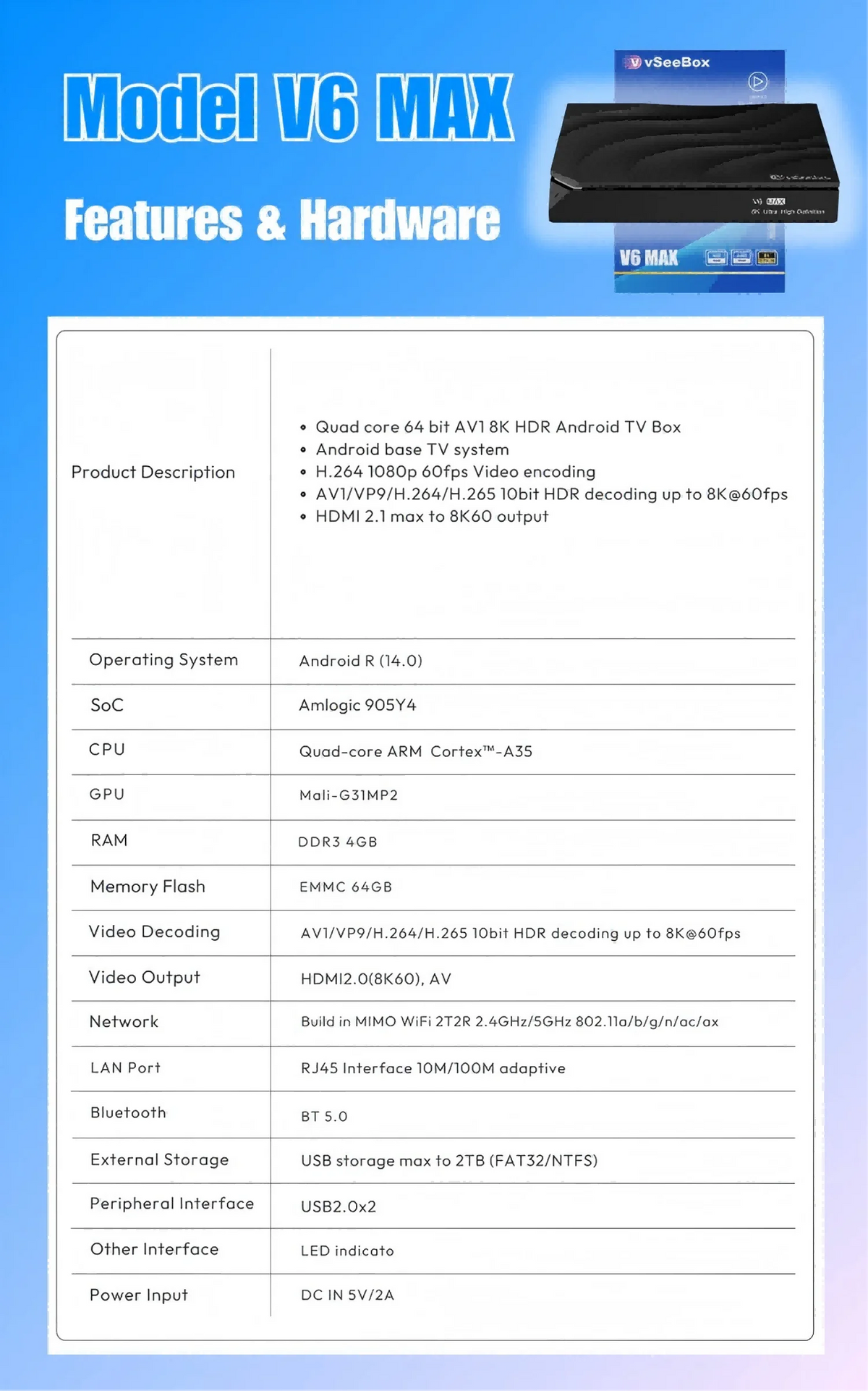 vSeeBox V6 Max Android 14 Streaming