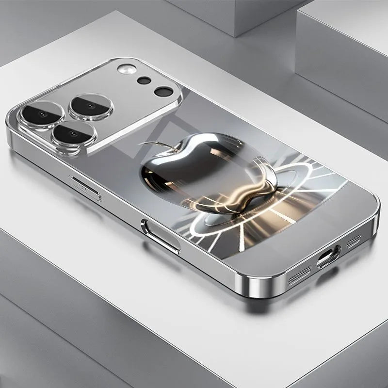 Electroplated glass phone case with metallic silver Apple logo For iPhone
