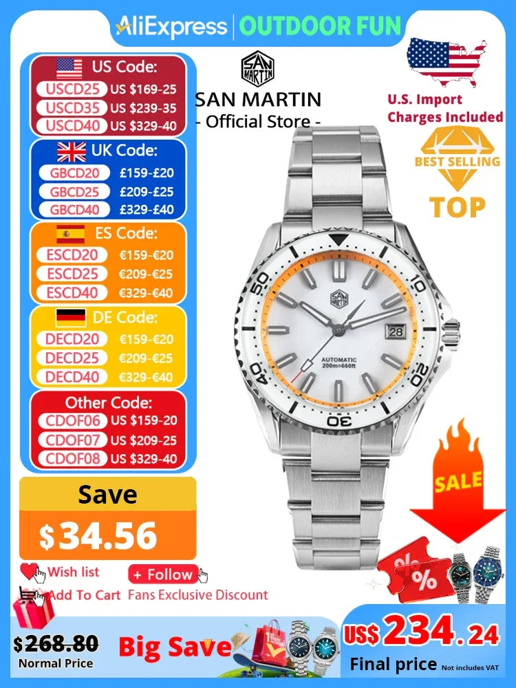 San Martin 39mm Full Lume Enamel Dial NH35 Dive Watch — 200M SN0129