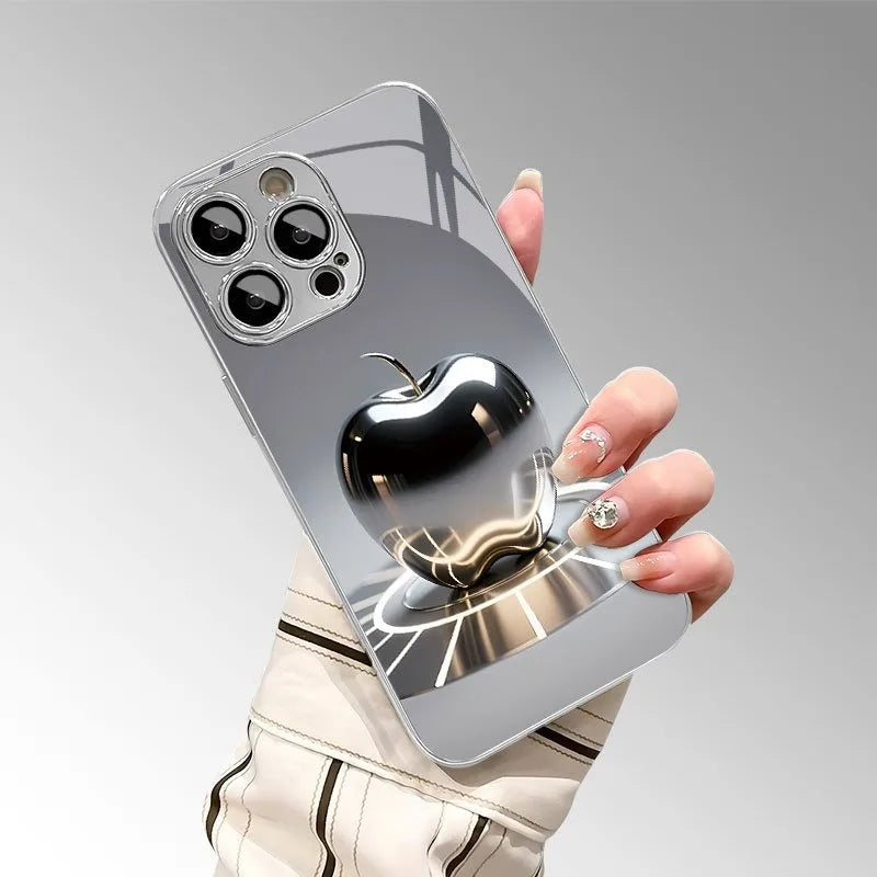 Electroplated glass phone case with metallic silver Apple logo For iPhone