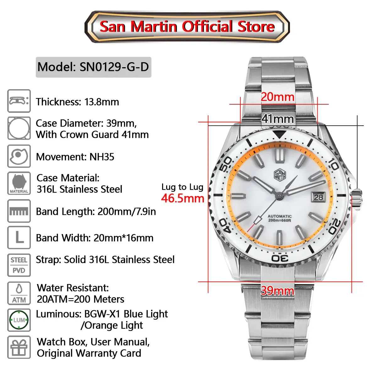 San Martin 39mm Full Lume Enamel Dial NH35 Dive Watch — 200M SN0129