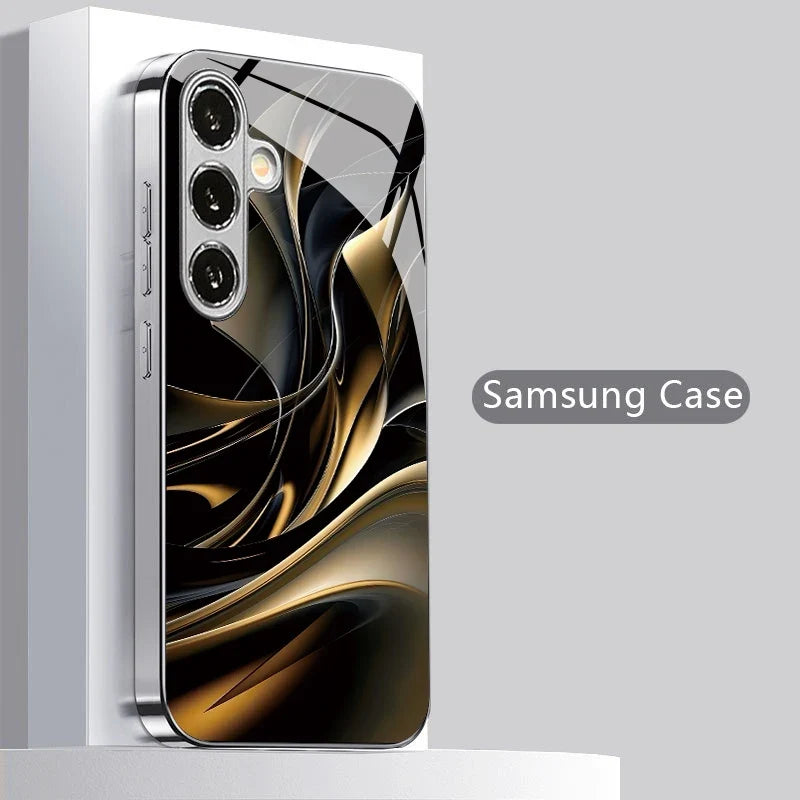 Black Gold Curved Pattern Electroplated Glass Phone Case For Samsung