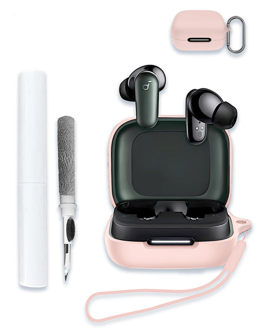 Case for Soundcore by Anker P30i Earbuds Soft Silicone Protective Portable Scratch Shock Resistant Hard Shell with Cleaner Kit & Carabiner & LanyardPink