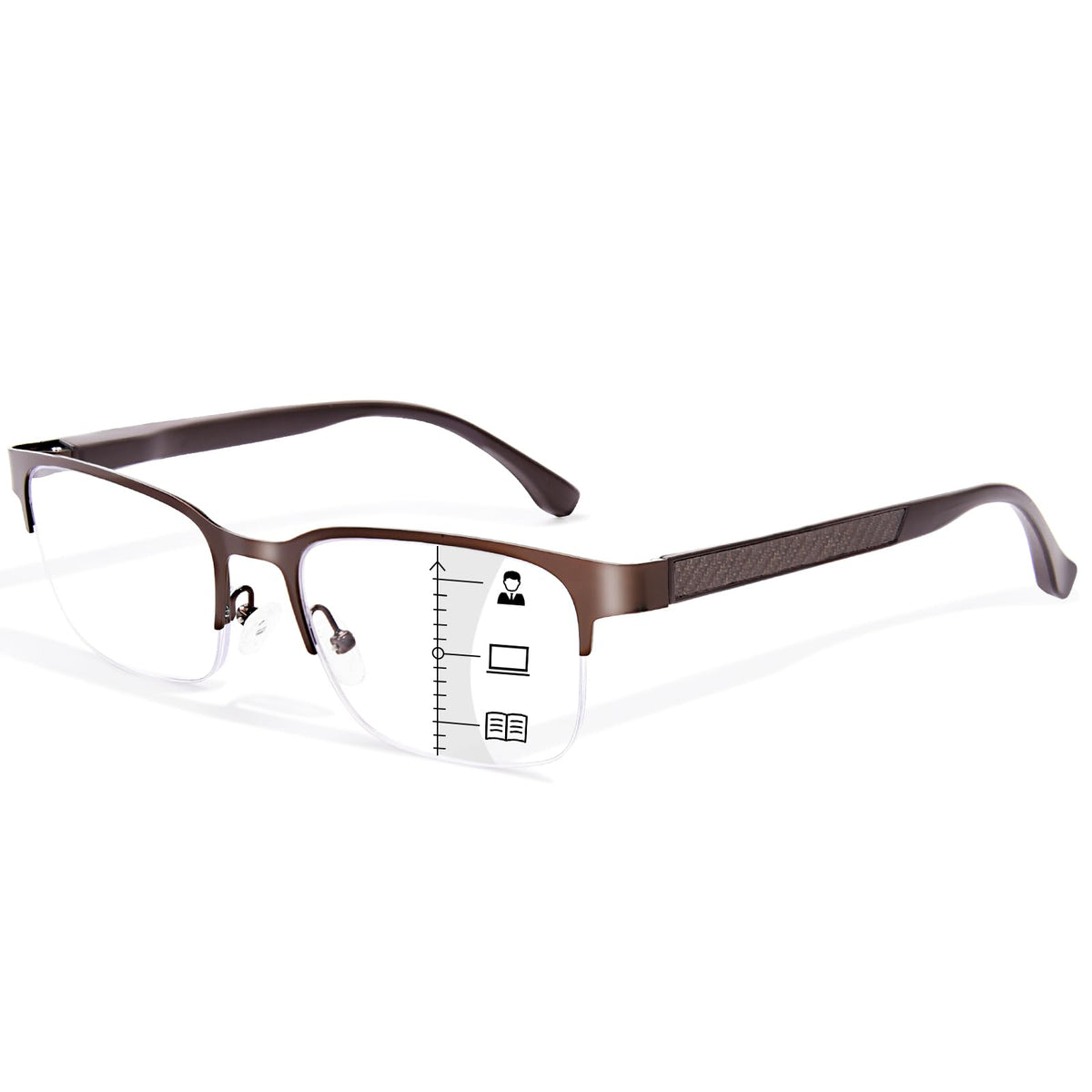 FONHCOO Progressive Multifocal Reading Glasses for Women Men Metal Half Frame Computer Readers Anti Blue Light Reading Glasses with Spring Hinge (Brown 2.0)